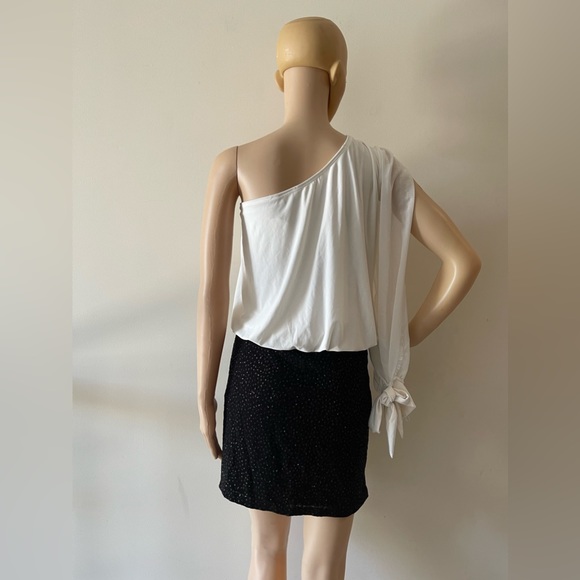 Black and White One Shoulder Ruffle Midi Pencil Dress - Picture 10 of 13